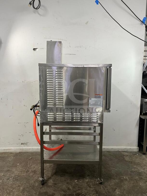 SOLARIS SX-5GR natural gas convection steamer, approximately 42,000-47,000 BTU, includes cooling racks, stainless steel exterior.