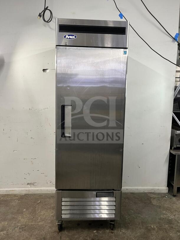 ATOSA MBF8505GR 27" stainless steel reach-in refrigerator, 19.1 cu ft, Energy Star, good condition, on wheels.