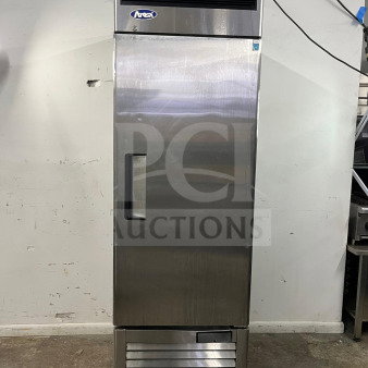 ATOSA MBF8505GR 27" stainless steel reach-in refrigerator, 19.1 cu ft, Energy Star, good condition, on wheels.