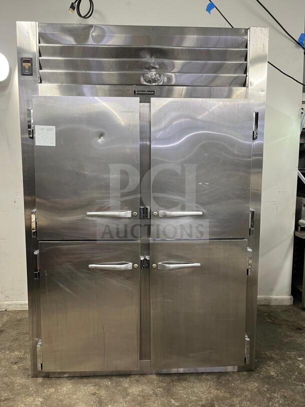 Beverage-Air 48" 2 Door Sandwich Prep Table, stainless steel, features dual doors, visible dent on left door, model sticker intact.