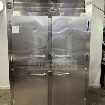 Beverage-Air 48" 2 Door Sandwich Prep Table, stainless steel, features dual doors, visible dent on left door, model sticker intact.