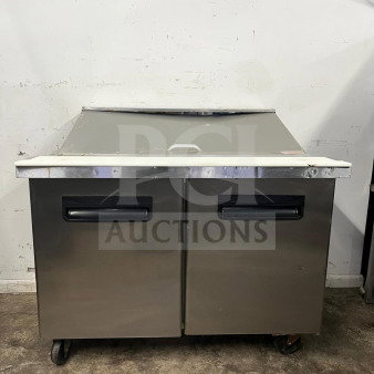 Blue Air BLMT48-HC 48" refrigerated sandwich prep table with two swing doors, stainless steel finish, used condition.