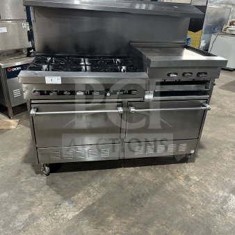 Commercial stainless steel gas-powered 6-burner and grille with 2 standard ovens on casters, good condition.