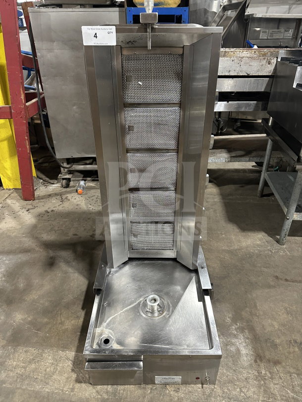 Sheffcat stainless steel 5-burner gas vertical broiler, commercial-grade, sturdy construction, clean condition, visible control panel.