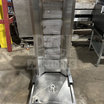 Sheffcat stainless steel 5-burner gas vertical broiler, commercial-grade, sturdy construction, clean condition, visible control panel.