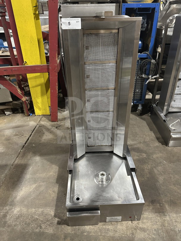 Sheffcat Commercial 5-Burner Vertical Broiler, stainless steel, gas-powered, in used condition with label visible.