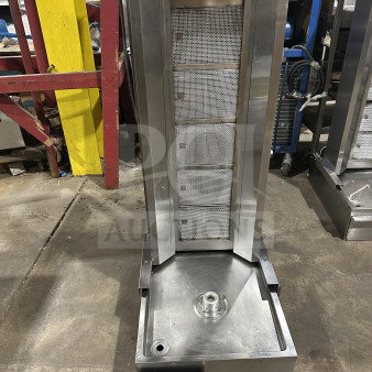 Sheffcat Commercial 5-Burner Vertical Broiler, stainless steel, gas-powered, in used condition with label visible.