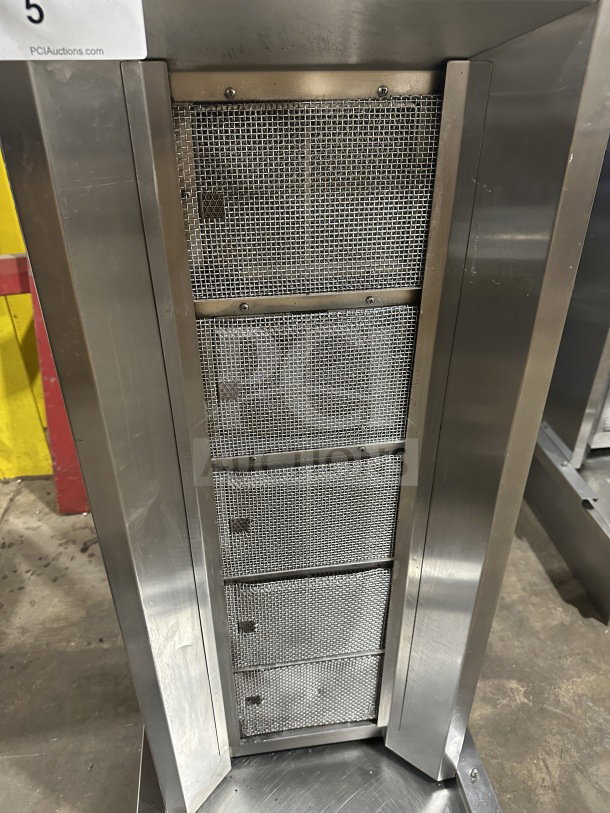 Sheffcat stainless steel 5-burner vertical broiler, commercial-grade, gas powered, excellent condition.