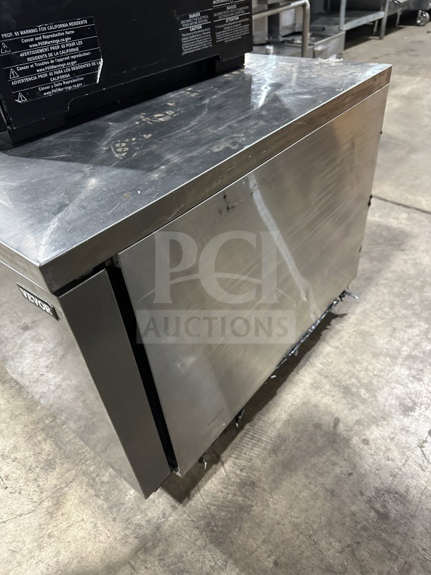 VEVOR stainless steel countertop blast chiller and flash freezer on casters, 110/115V, with visible label details.