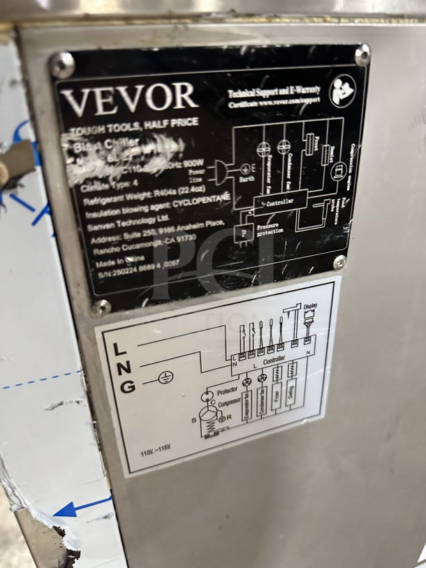 VEVOR stainless steel electric blast chiller with wiring diagram label. Powered by 110/115V, on casters for mobility.