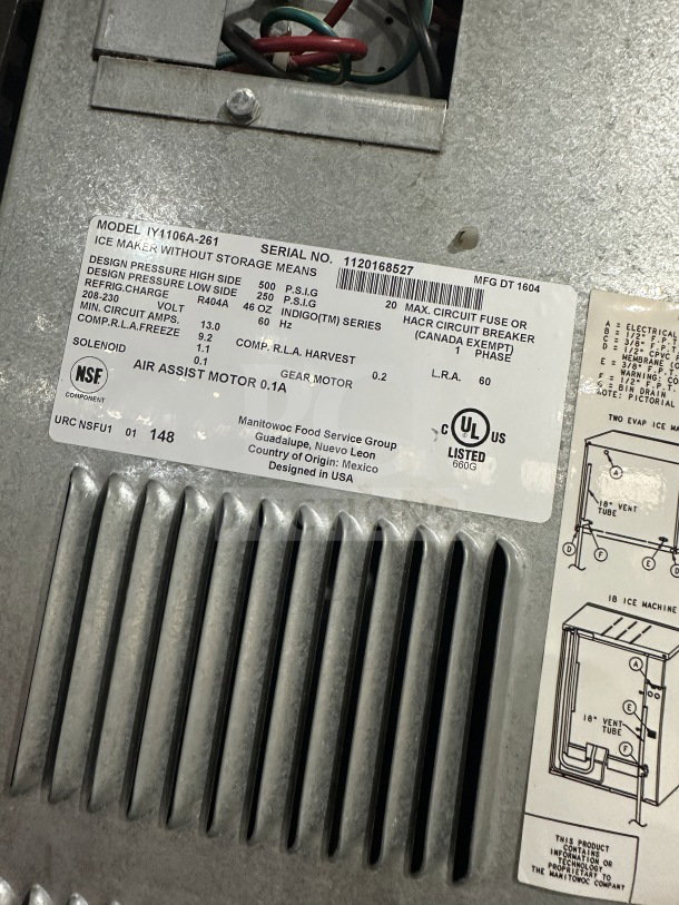 Manitowoc Indigo NXT Series ice maker, model IY1106A-261, Energy Star certified, shown with model and serial number label.