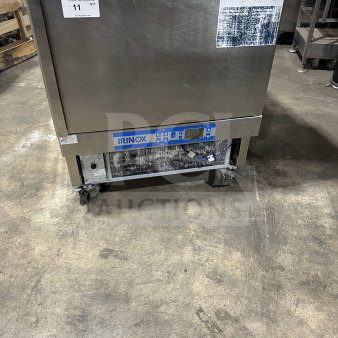 IRINOX EF20.1 stainless steel blast chiller and shock freezer on casters, 208V, 2-phase. Model and serial number visible.