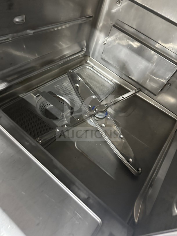 Hobart Advansys Series stainless steel undercounter dishwasher, model LXER, Energy Star certified. Interior view.