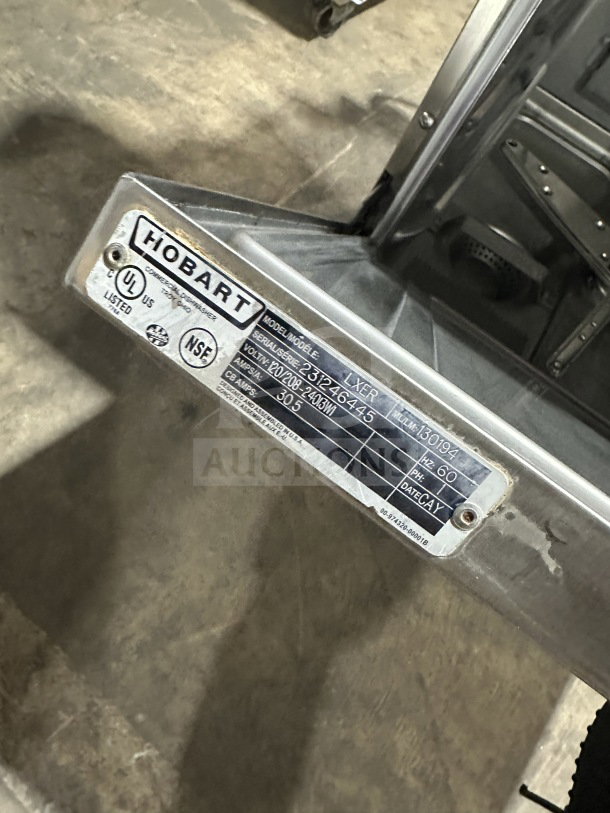 Hobart Advansys LXER commercial dishwasher tag showing model, serial number, and voltage details.