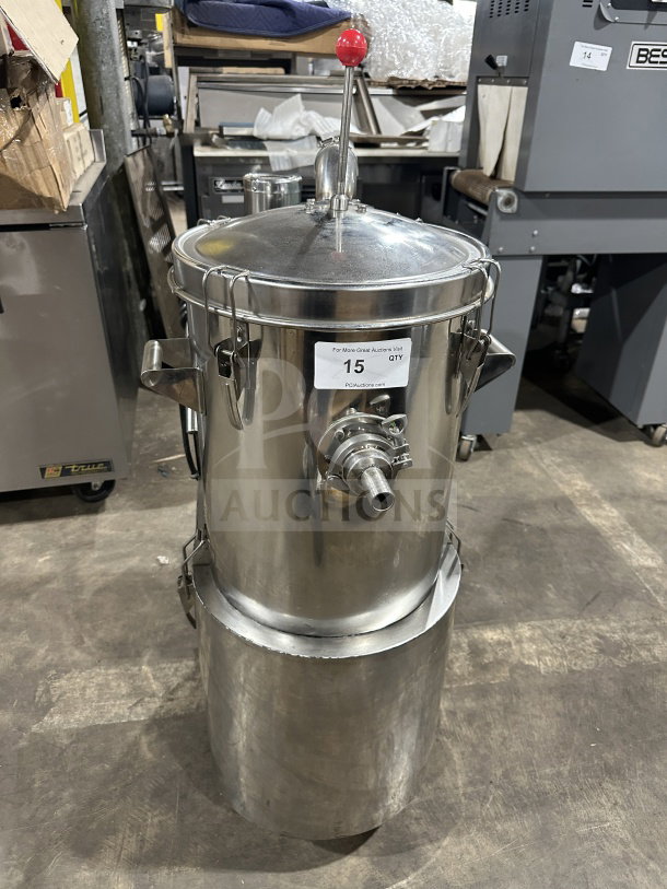 Commercial stainless steel gas-powered pneumatic pressure pot dispensing tank on casters, durable, with control lever.