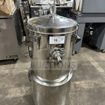 Commercial stainless steel gas-powered pneumatic pressure pot dispensing tank on casters, durable, with control lever.