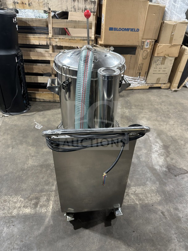 Commercial stainless steel gas-powered pneumatic pressure pot dispensing tank on casters; excellent condition, visible hose and wiring.