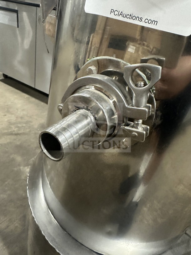 Commercial stainless steel gas-powered pneumatic pressure pot dispensing tank, heavy-duty, on casters, excellent condition.