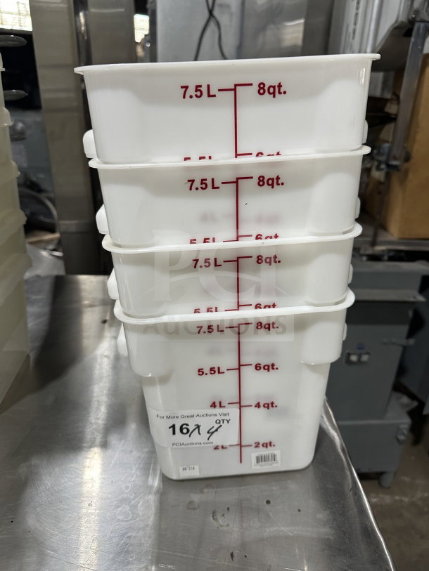 Commercial 8 Qt white translucent polypropylene square food storage container, clear volume markings, stackable, new condition.