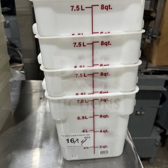 Commercial 8 Qt white translucent polypropylene square food storage container, clear volume markings, stackable, new condition.