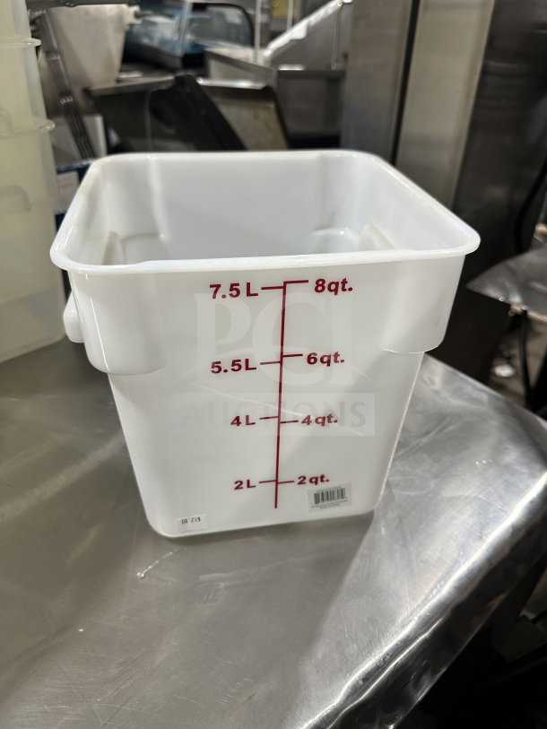White translucent polypropylene 8 Qt square food storage container with red measurement markings up to 8 Qt.