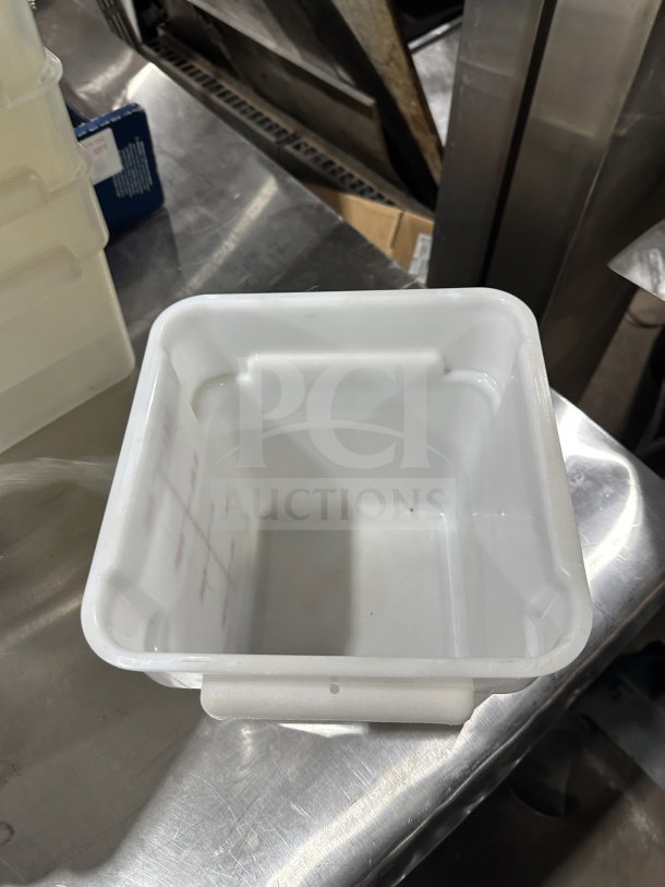 Commercial 8 Qt square food storage container, white translucent polypropylene, excellent condition, no visible markings.