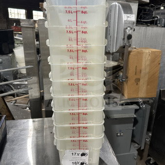Commercial 8 Qt clear polypropylene food storage containers, stack of 9, marked in quarts/liters, excellent condition.