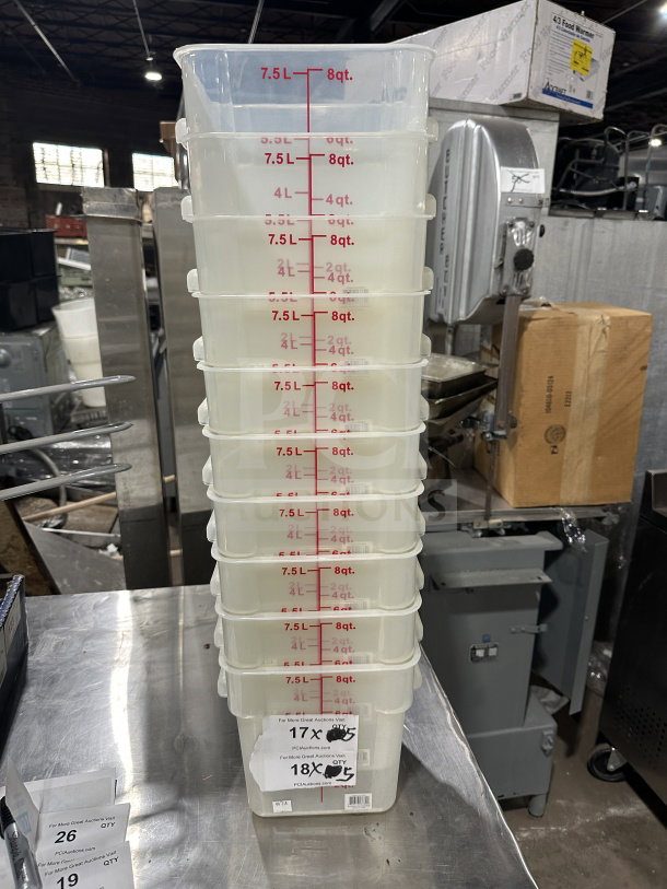Translucent polypropylene 8 Qt square food storage containers, stackable, with red measurement markings, excellent condition.