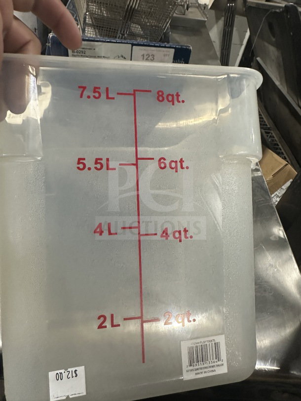 Translucent polypropylene 8 qt square food storage container with red measurement markings; excellent condition.