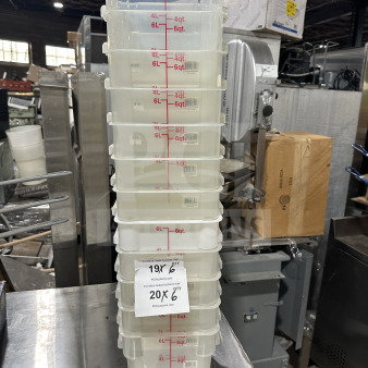 Commercial clear translucent 8 Qt polypropylene food storage containers; stack of 6; red volume markings in quarts and liters.