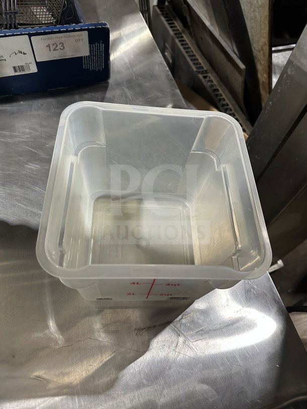 Clear 8 qt square polypropylene food storage container, commercial-grade, translucent with measurement markings, excellent condition.