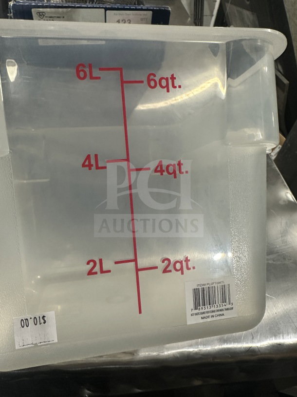 Clear commercial polypropylene 8 Qt square container, marked with quart and liter measurements, barcode, made in China.