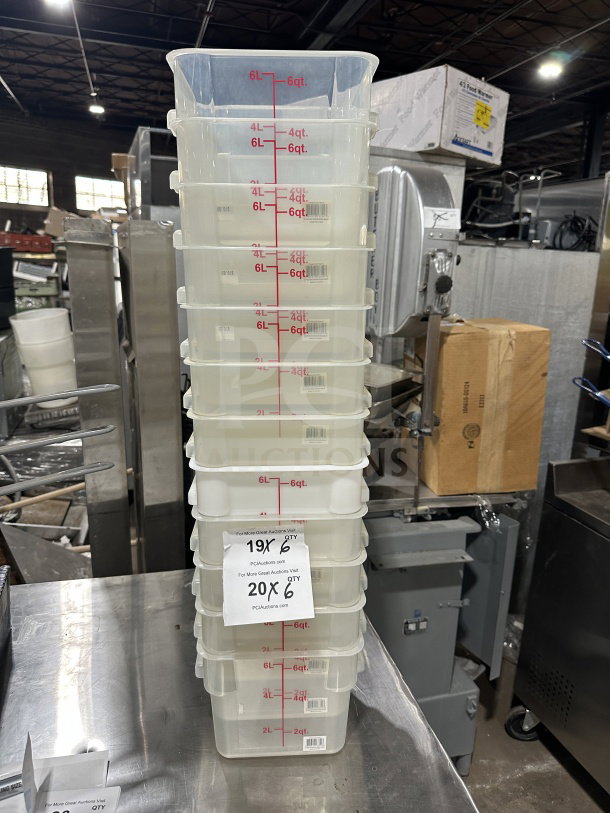 8 Qt translucent polypropylene food storage containers, stack of six. Marked with red measurements. Excellent condition.