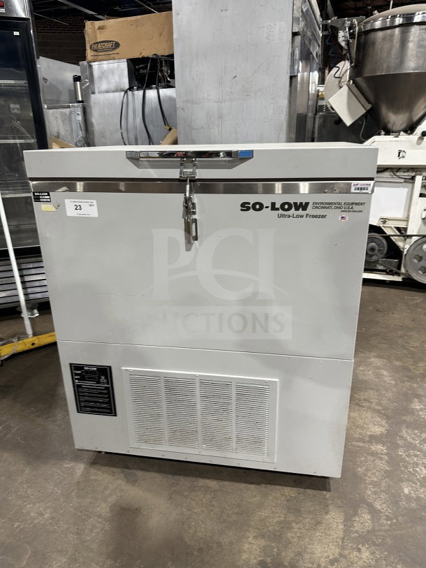 So-Low CA55 Commercial Series white chest freezer with lock, model CA5-5, 115V, SN: 202141693, in good condition.