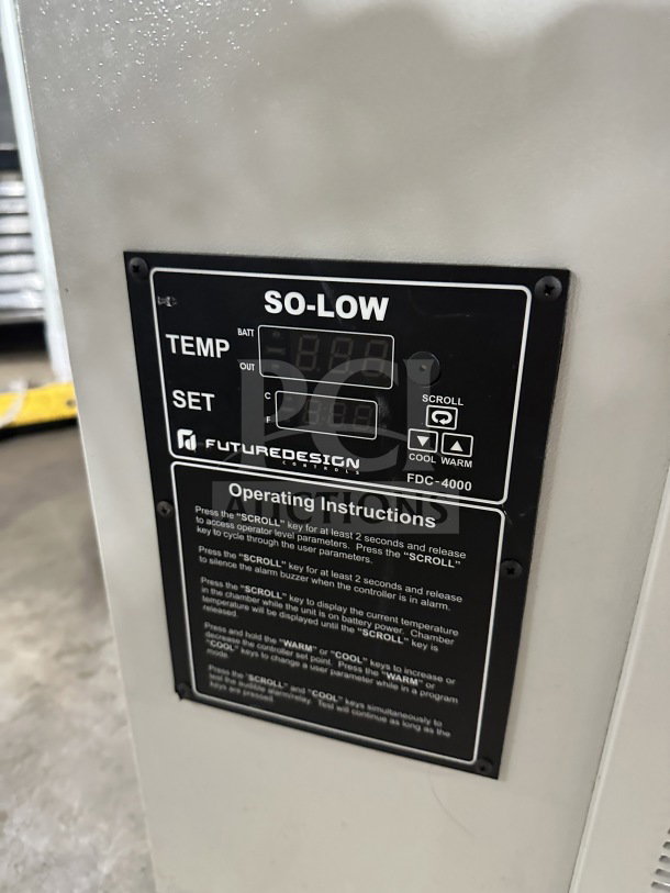 So-Low white chest freezer, Model CA55, digital controls, operating instructions. 115V, commercial use.
