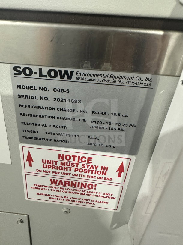 So-Low Commercial Series white low temperature chest freezer, model CA5-5, serial 202141693, 115V. Temperature range: -40°C to -85°C.