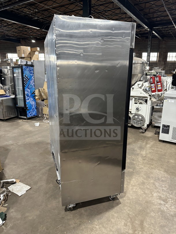 Atosa B Series stainless steel double-glass swing door refrigerator, model MCF8707, on casters, with poly-coated wired rack.