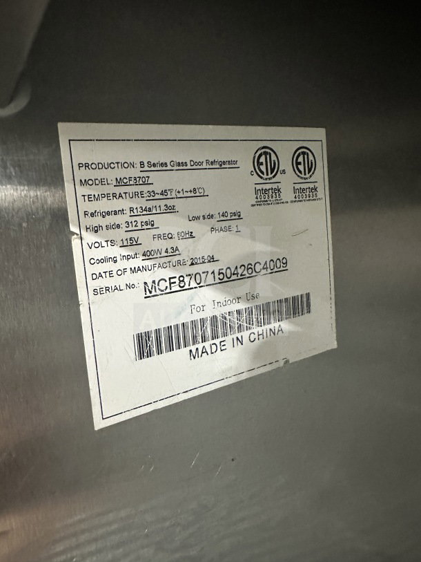 Atosa MCF8707 commercial refrigerator label; 115V, 1 phase, made in China, serial MCF870150426C40009, for indoor use.