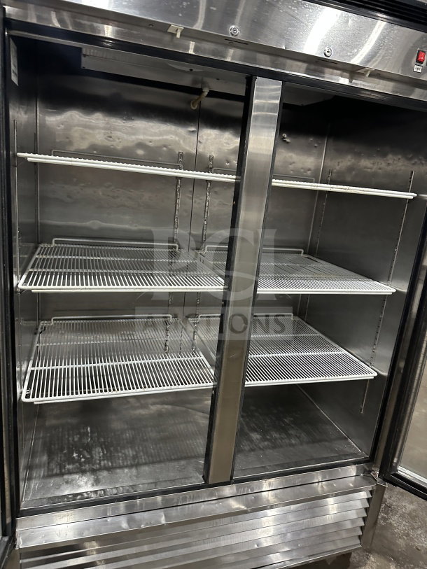 Atosa B Series stainless steel reach-in merchandiser refrigerator MCF8707 with double-glass doors, poly coated racks, on casters.