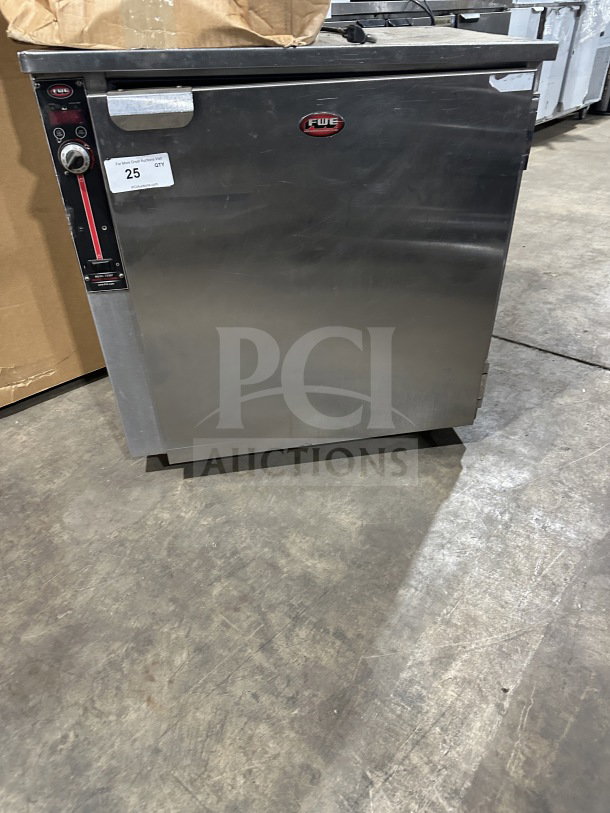FWE stainless electric food warming cabinet, model HLC-SL1826-8-CHP, single-door, 120V, good condition.