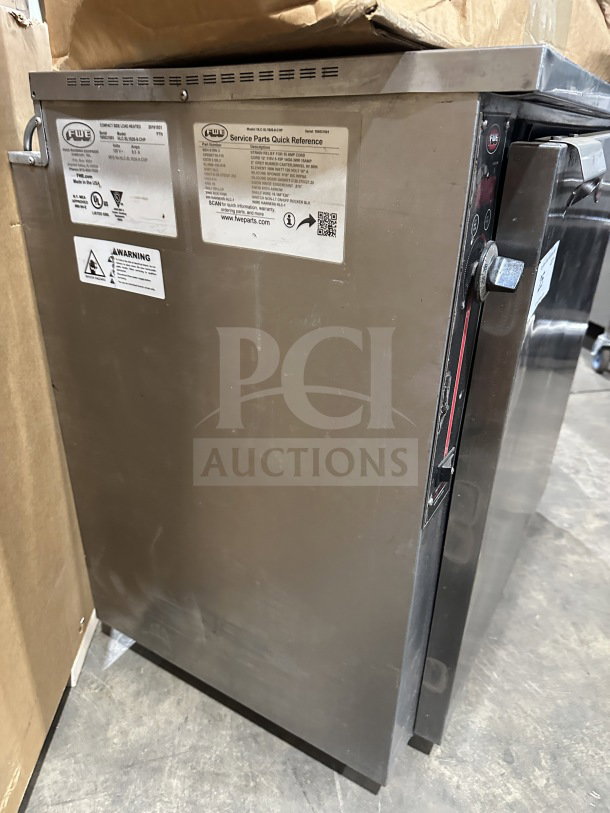 FWE stainless electric food warming cabinet, model HLC-SL1826-8-CHP, single-door, 120V, commercial-grade, with labels.