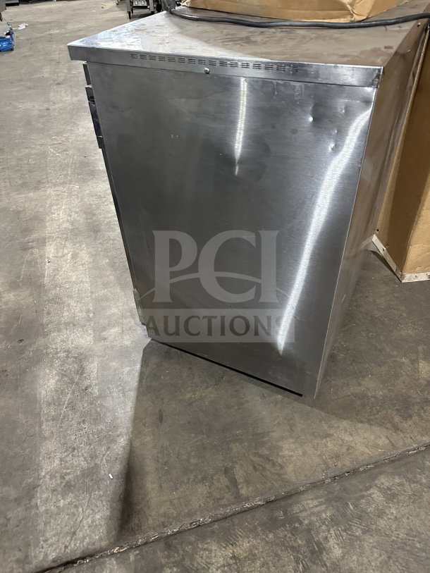FWE Commercial Stainless Single-Door Food Warming Cabinet, Model HLC-SL1826-8-CHP, 120V, visible wear on exterior.