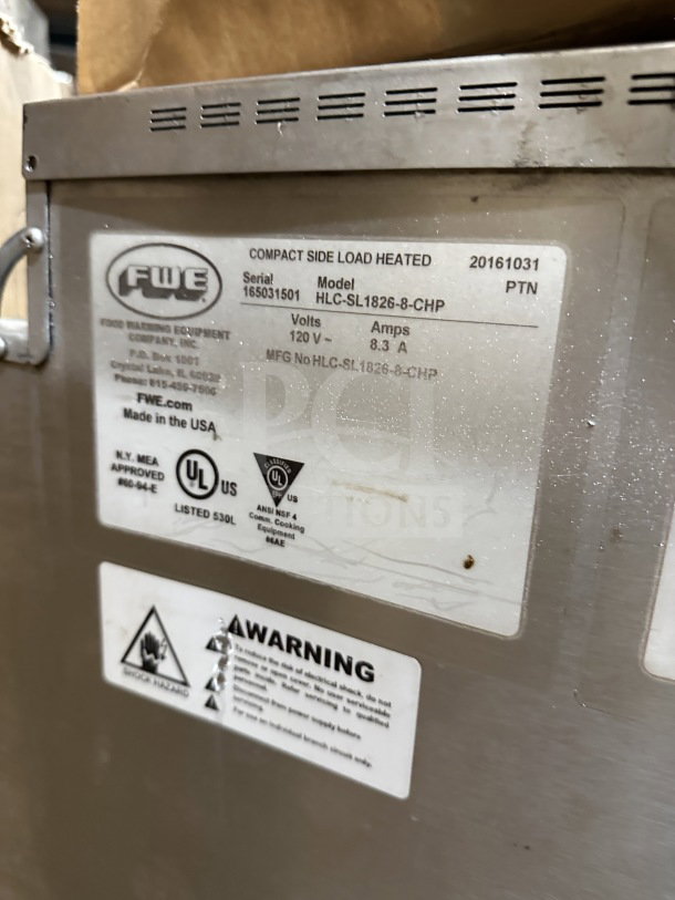 FWE stainless electric food warming cabinet, model HLC-SL1826-8-CHP, 120V, serial 165031501, with safety and approval labels.