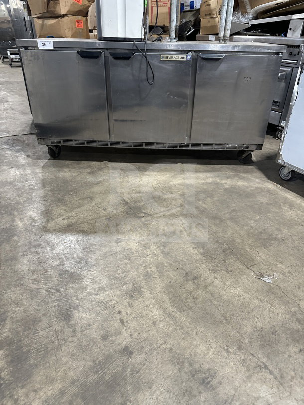 Beverage-Air WTR72AY 72" stainless steel 3-door refrigerator, electric, on casters, commercial use, solid flat-top.