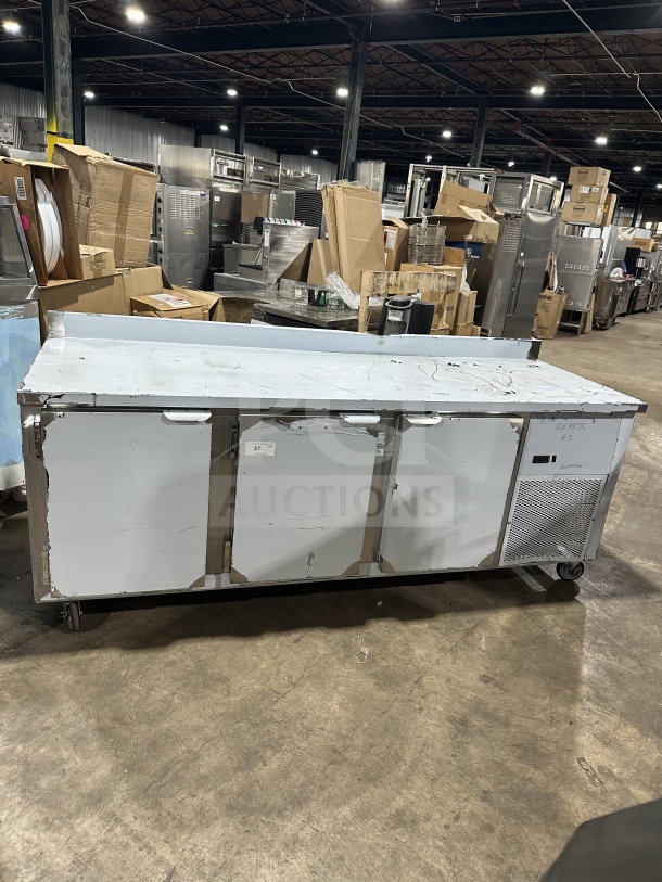 CustomCool LB93SE stainless steel 3-door prep table refrigerator/freezer, electric, on casters, Model SN: B2018072, 115V 1 Phase.