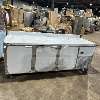CustomCool LB93SE stainless steel 3-door prep table refrigerator/freezer, electric, on casters, Model SN: B2018072, 115V 1 Phase.