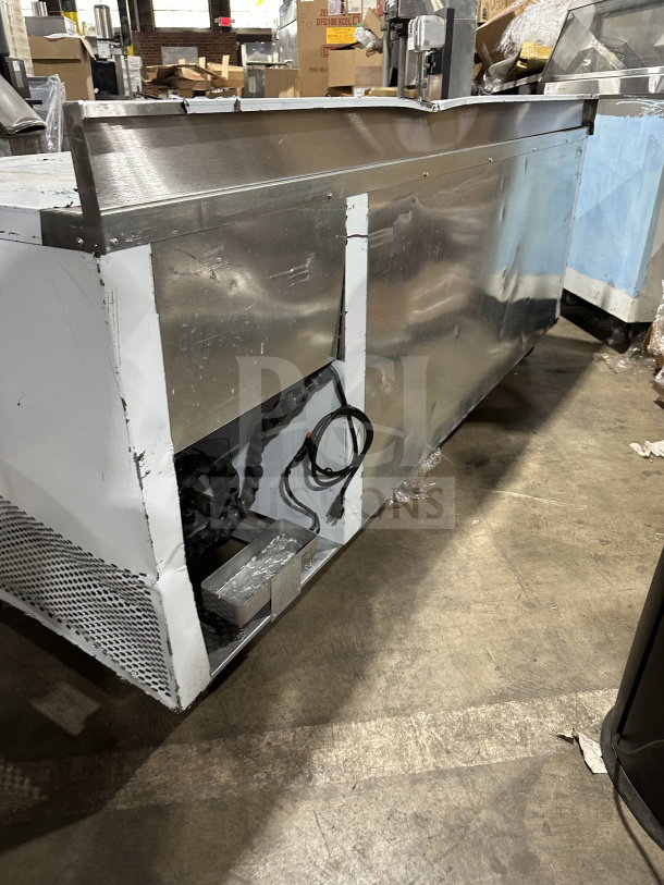 CustomCool stainless steel 3-door prep table refrigerator/freezer, Model LB93SE, electric powered, on casters, 115V, 1 Phase.