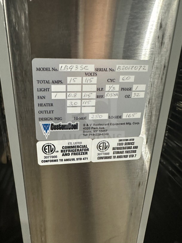 CustomCool LB93SE 3-door stainless steel prep table refrigerator/freezer, electric, 115V 1 Phase, SN: B2018072, on casters.