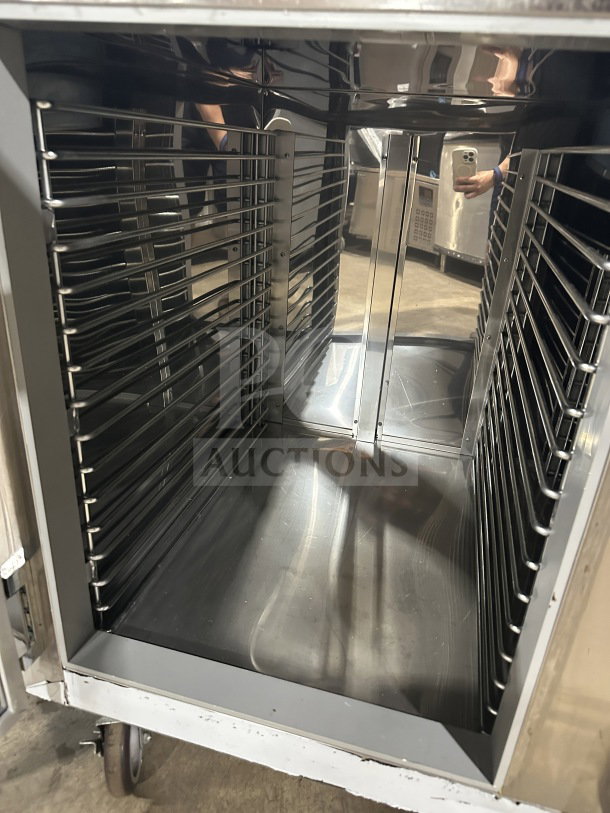 CustomCool 3-door stainless steel prep table refrigerator/freezer, Model LB93SE, on casters, electric 115V, interior view.