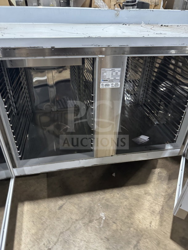 CustomCool LB93SE 3-Door Prep Table Refrigerator/Freezer, stainless steel, electric, on casters, 115V, Model LB93SE, SN: B2018072.